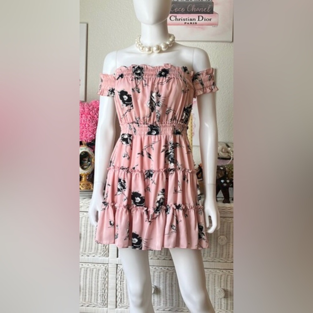Misa Los Angeles Pink Floral Off-Shoulder Tiered Mini Dress